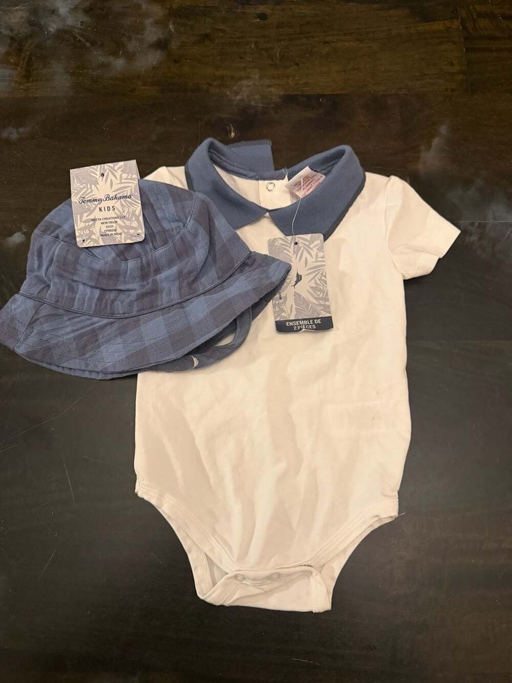 Tommy Bahama Kids White Short Sleeve Polo Bodysuit and Bucket Hat